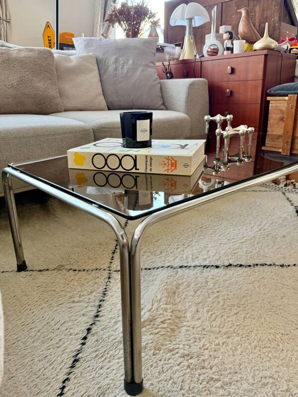 Ancienne table basse chrome et verre fumé vintage