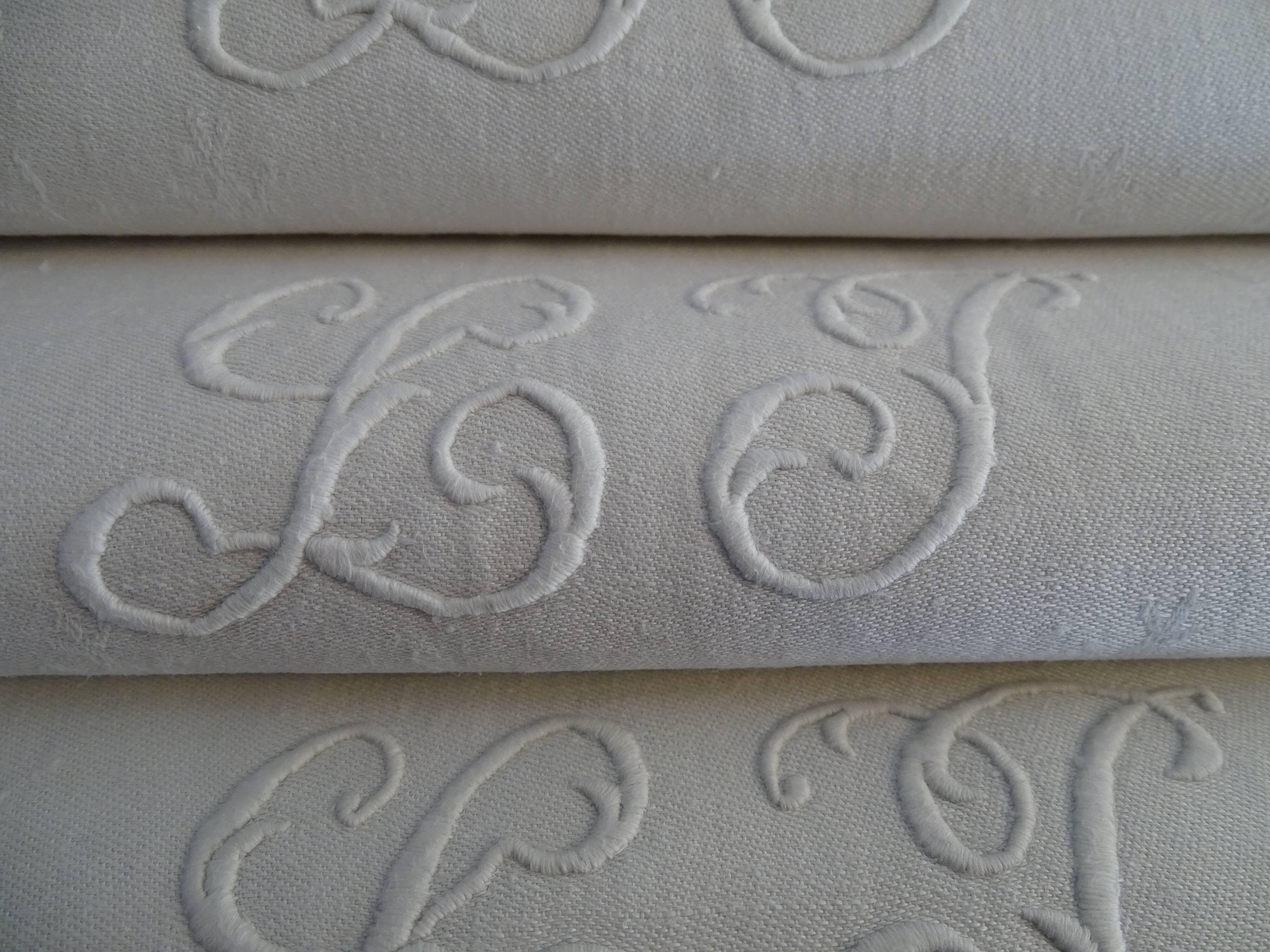 10 old embroidered napkins with L.J monogrammed damask cotton