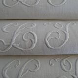 10 old embroidered napkins with L.J monogrammed damask cotton