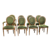 Ensemble 8 chaises et fauteuils médaillon Louis XVI velours vert 1950