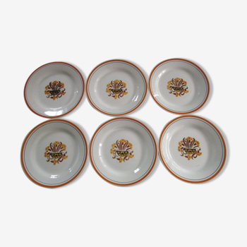 Lot de 6 assiettes plates art-déco anciennes en faïence de Creil Montereau, modèle œillets