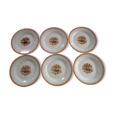 Lot de 6 assiettes plates art-déco anciennes en faïence de Creil Montereau, modèle œillets