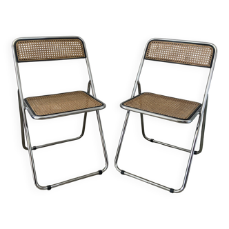 Pair of chrome and cane folding chairs
