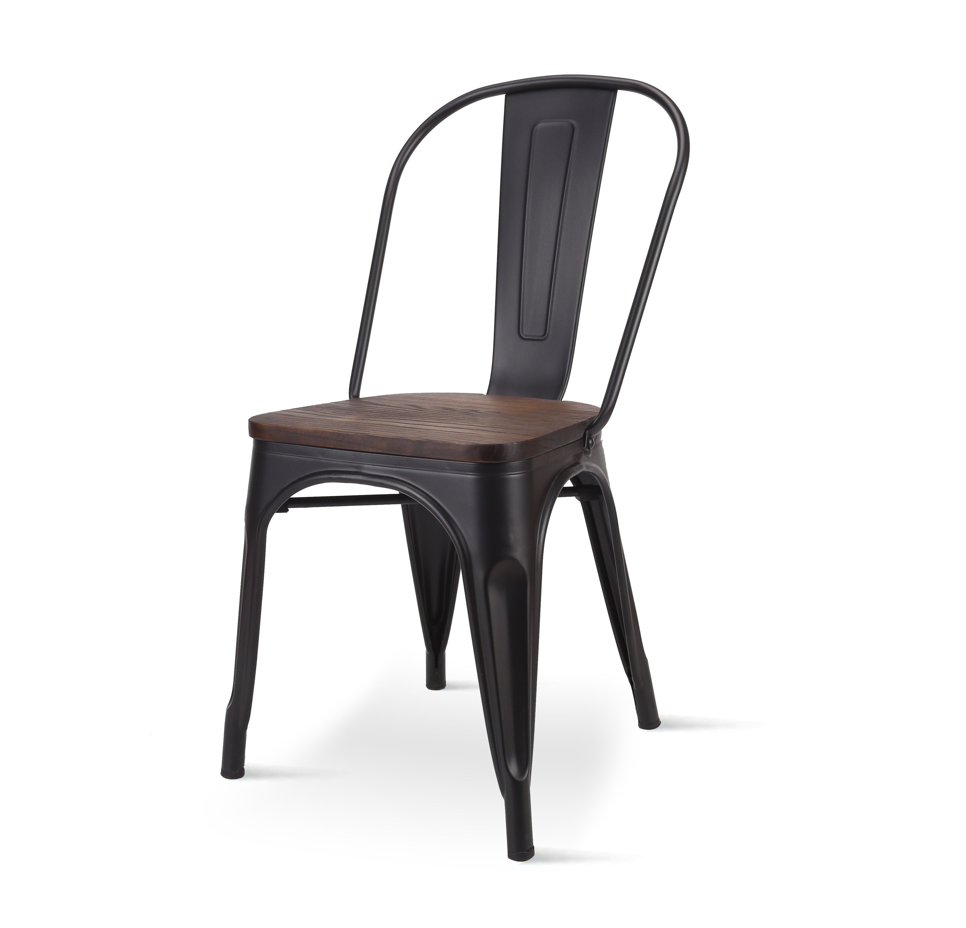 Industrial chair in matt black metal with dark natural wood seat