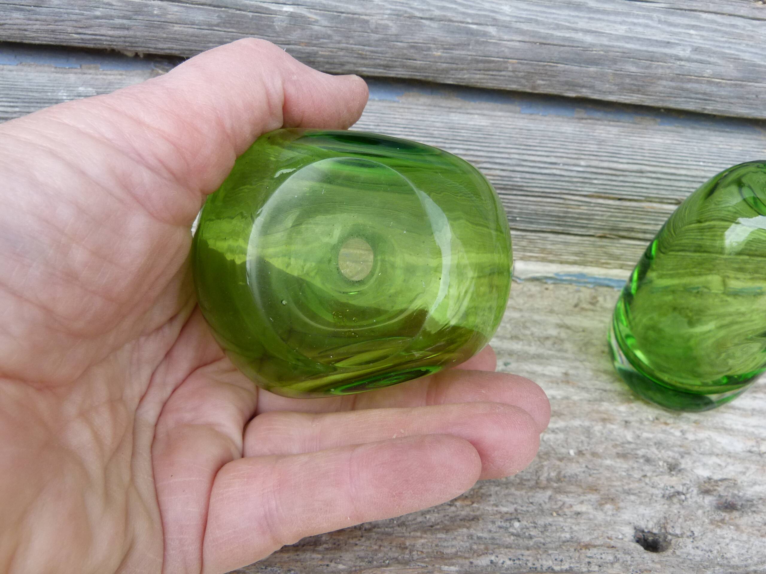 Vintage 1970 set of 2 small green blown glass vases