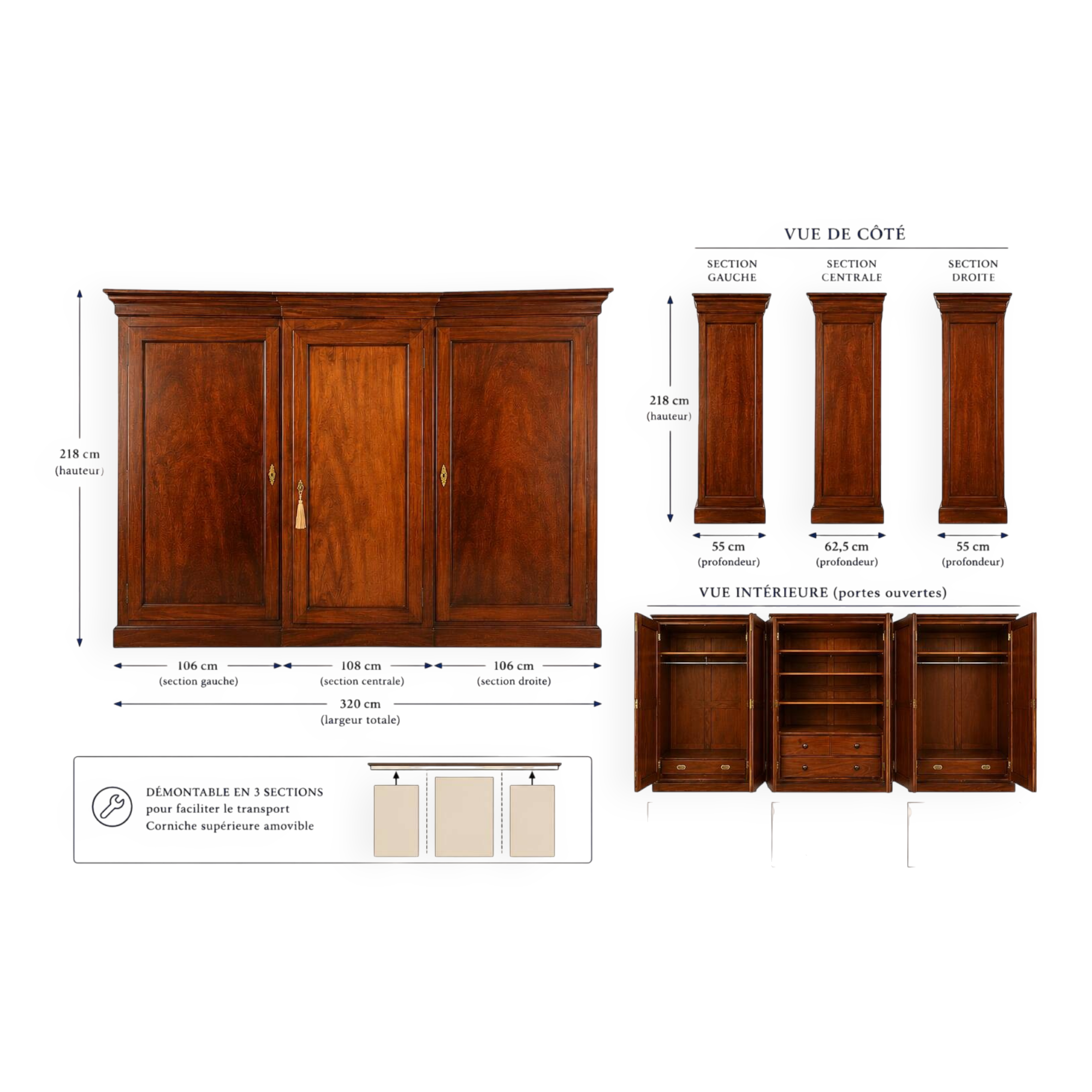 Large solid cherry wood wardrobe in Louis-Philippe style – dismountable