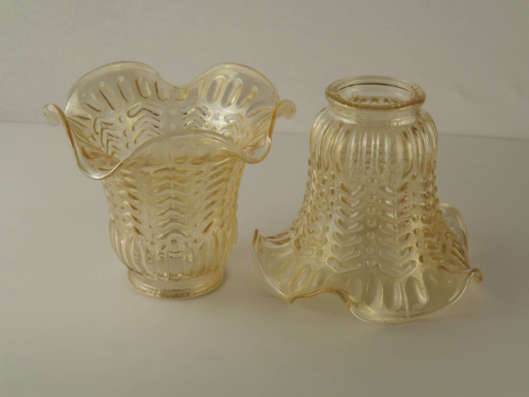 Matching Pair of Vintage French Amber Patterned Glass Shades 5594