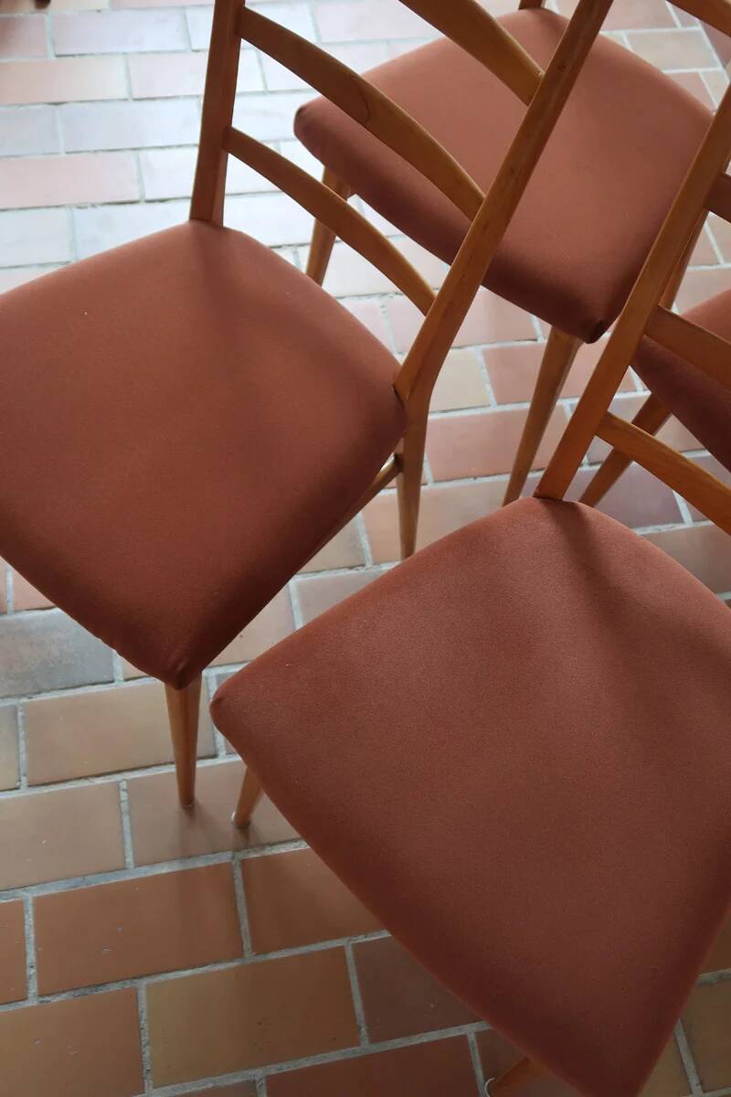 4 vintage Scandinavian chairs in light wood, 1960s.