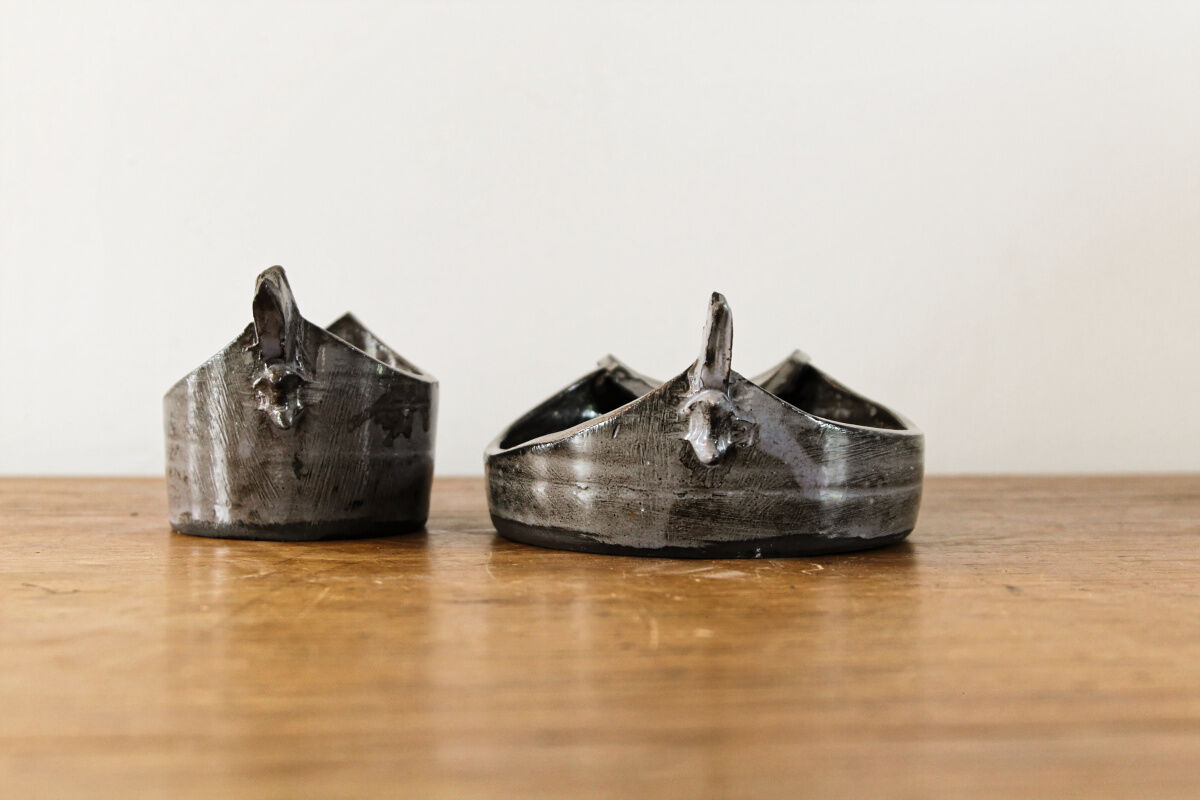 Duo of terracotta ramekins "hen" signed