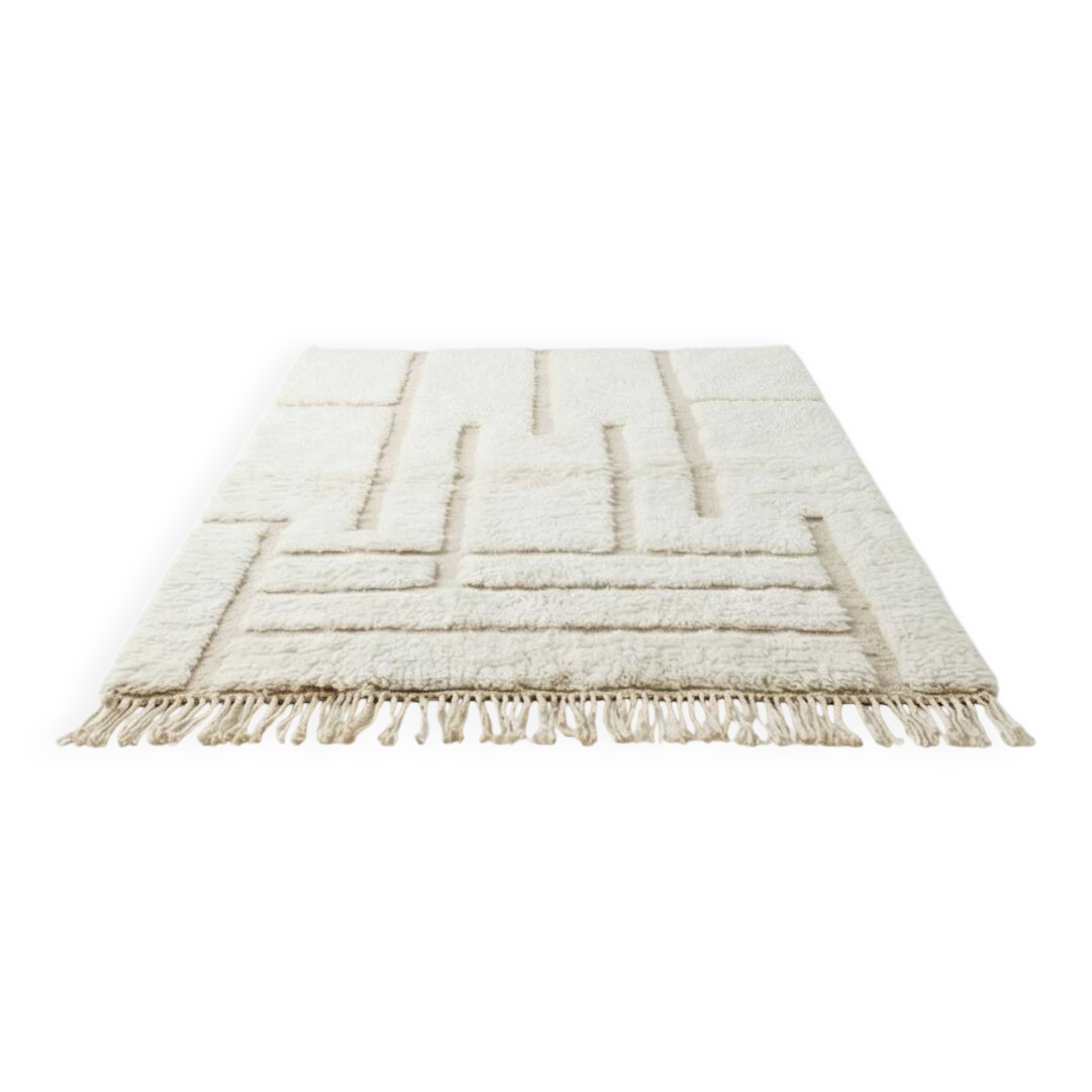 White Moroccan rug with a graphic pattern.