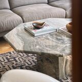 Table basse octogonale en marbre vintage italien en vert gris chaud