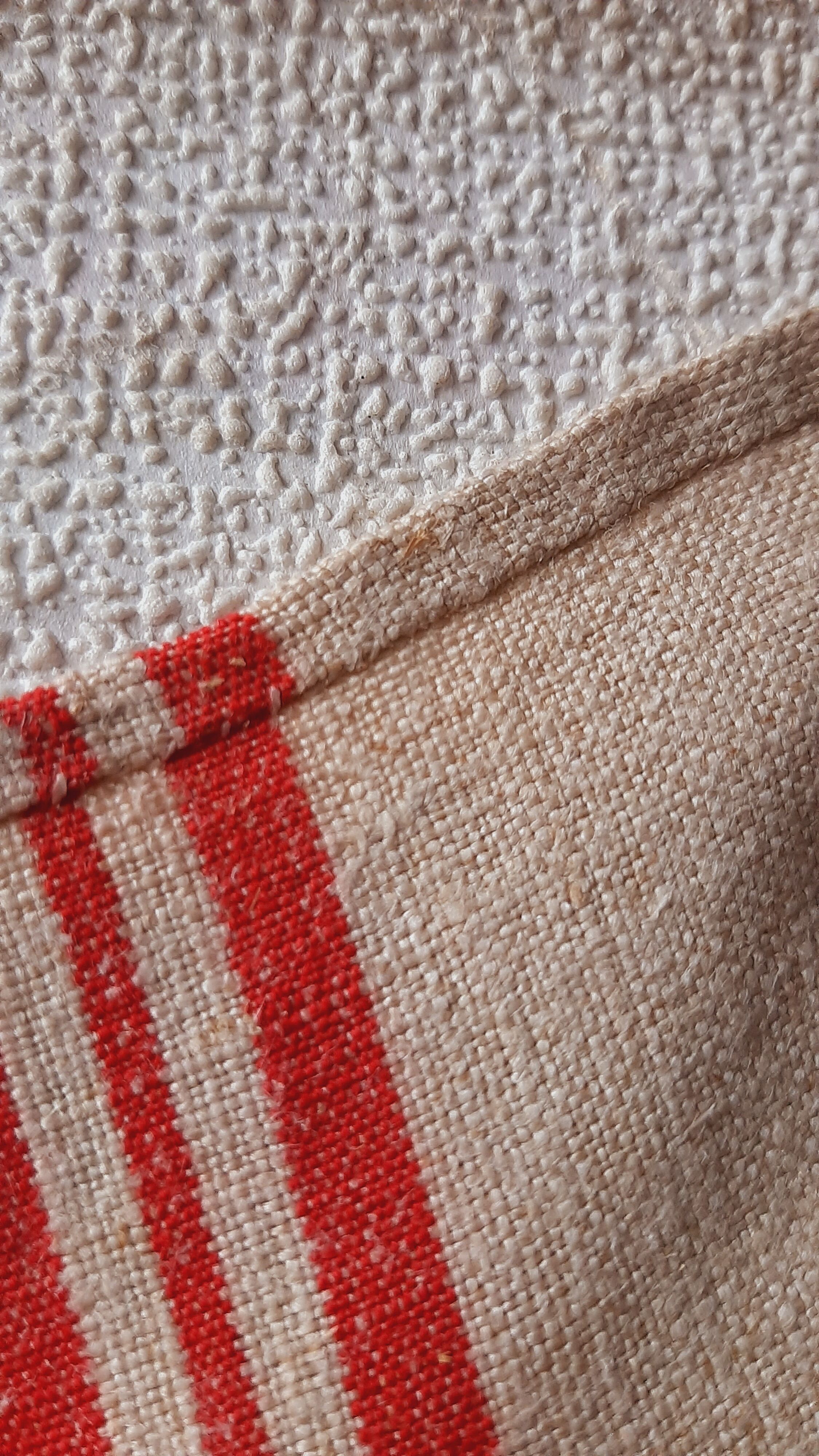 6 old linen tea towels ecru red stripes monogram b.c.