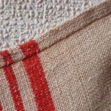 6 old linen tea towels ecru red stripes monogram b.c.