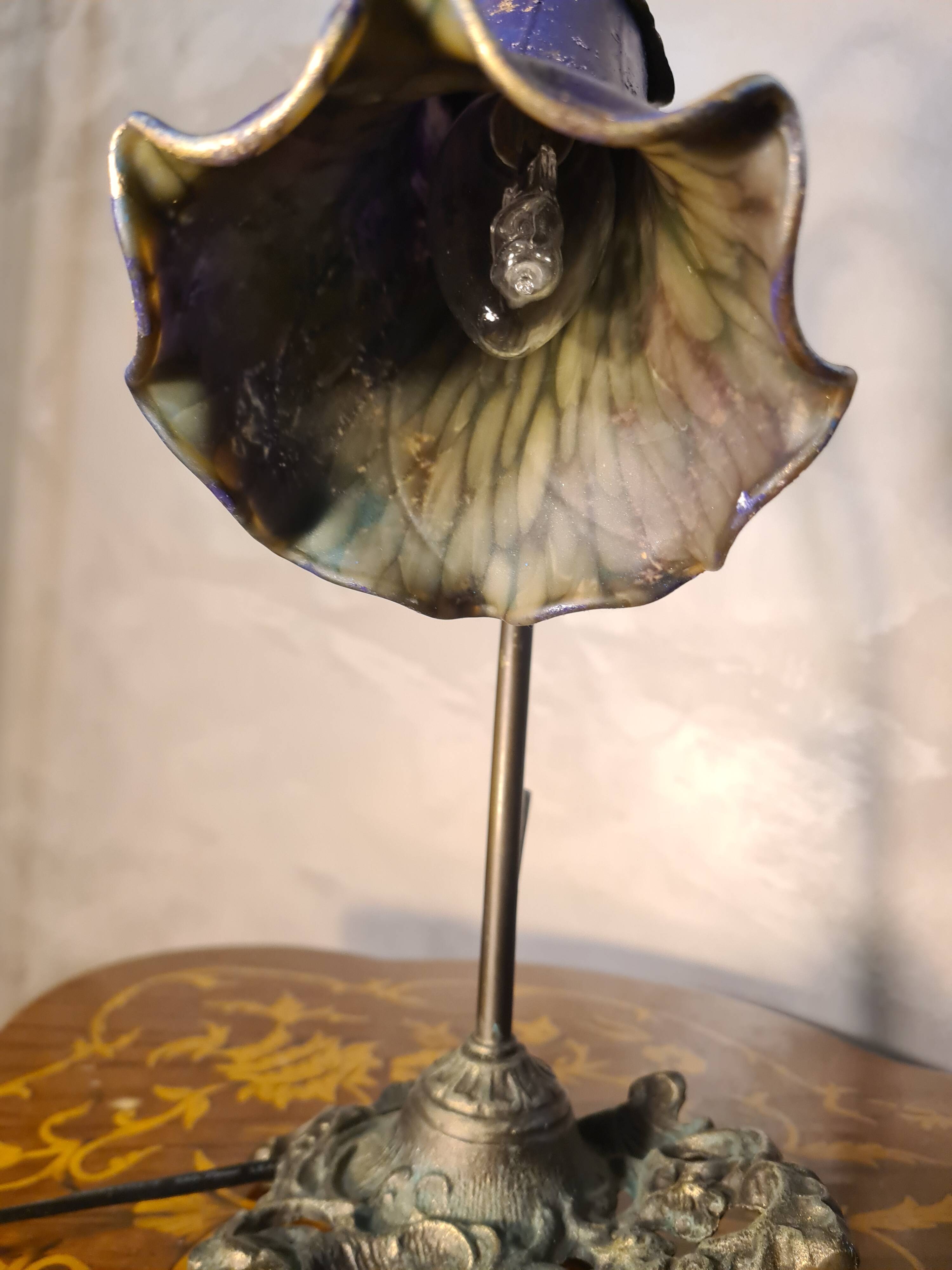 bronze patinated cast iron lamp with painted shade 38x24 art nouveau style