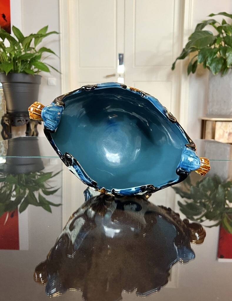 Glazed Earthenware Planter - Barbotine Early 20th Century - Ochre and Blue