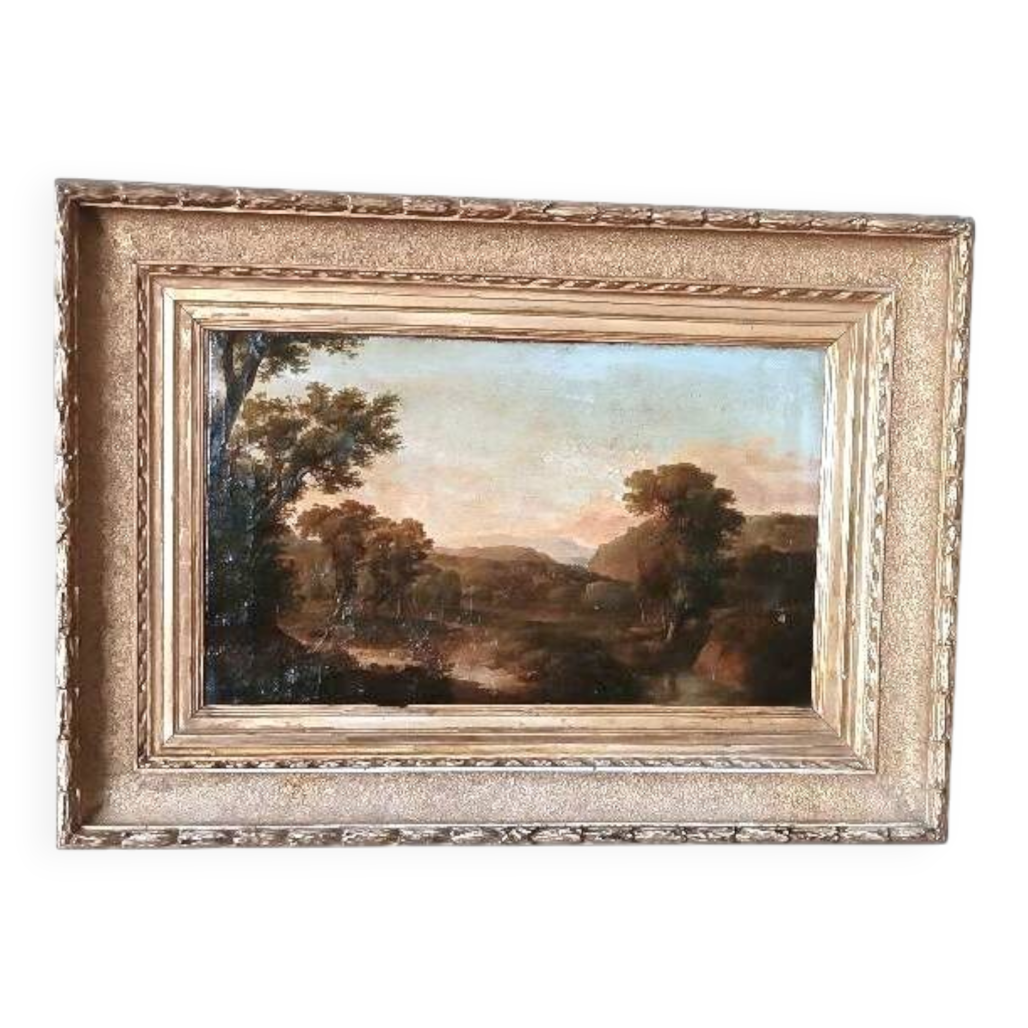Antique painting on canvas depicting a bucolic landscape