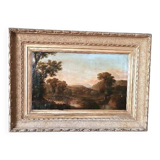 Antique painting on canvas depicting a bucolic landscape