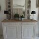 Art Deco buffet in patinated oak grey pearl platter wood tray waxed finish. Vintage buffet of the 30s revisited for a family home spirit in the spirit of the times. L 145 cm P 51 cm H 98 cm