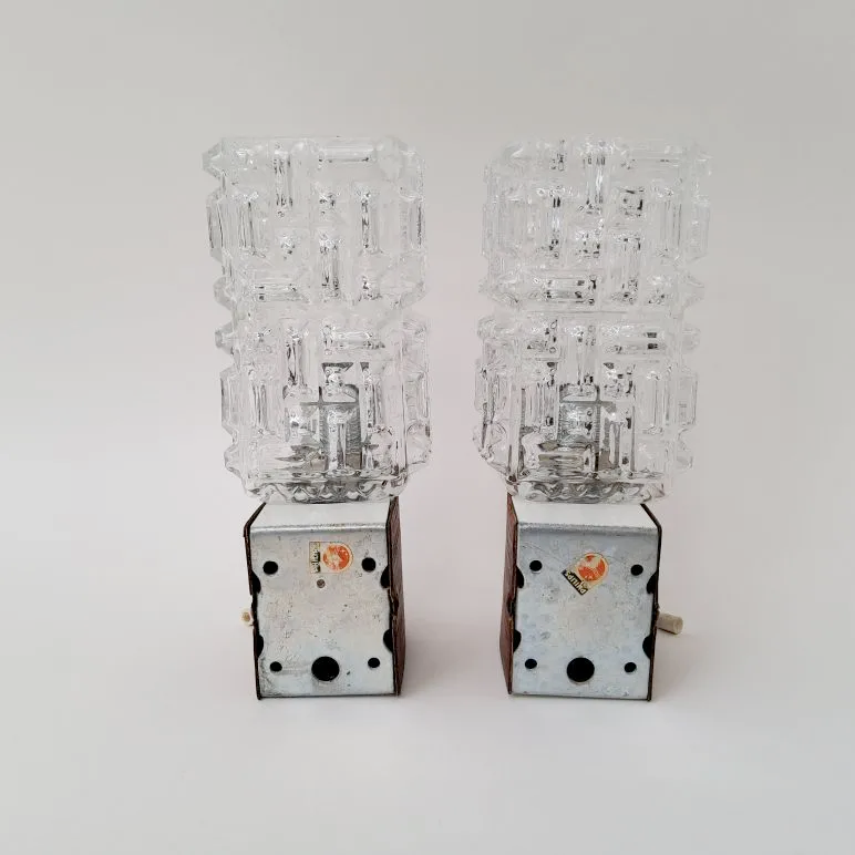 Pair of Philips 60s wall lamps in teak and glass