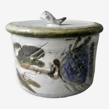 Ceramic covered pot, bird plug, Albert Thiry 60s