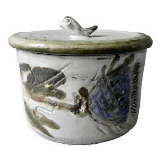 Ceramic covered pot, bird plug, Albert Thiry 60s