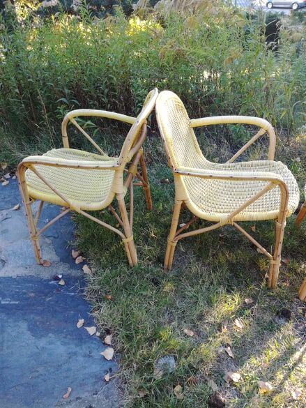 Set of 4 rattan and scoubidou armchairs