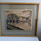 Watercolor signed 1949 framed magnifying glass