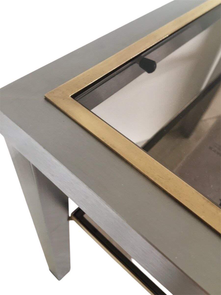 Pair of Brushed Steel Side Tables, Smoked Glass by Guy Lefèvre