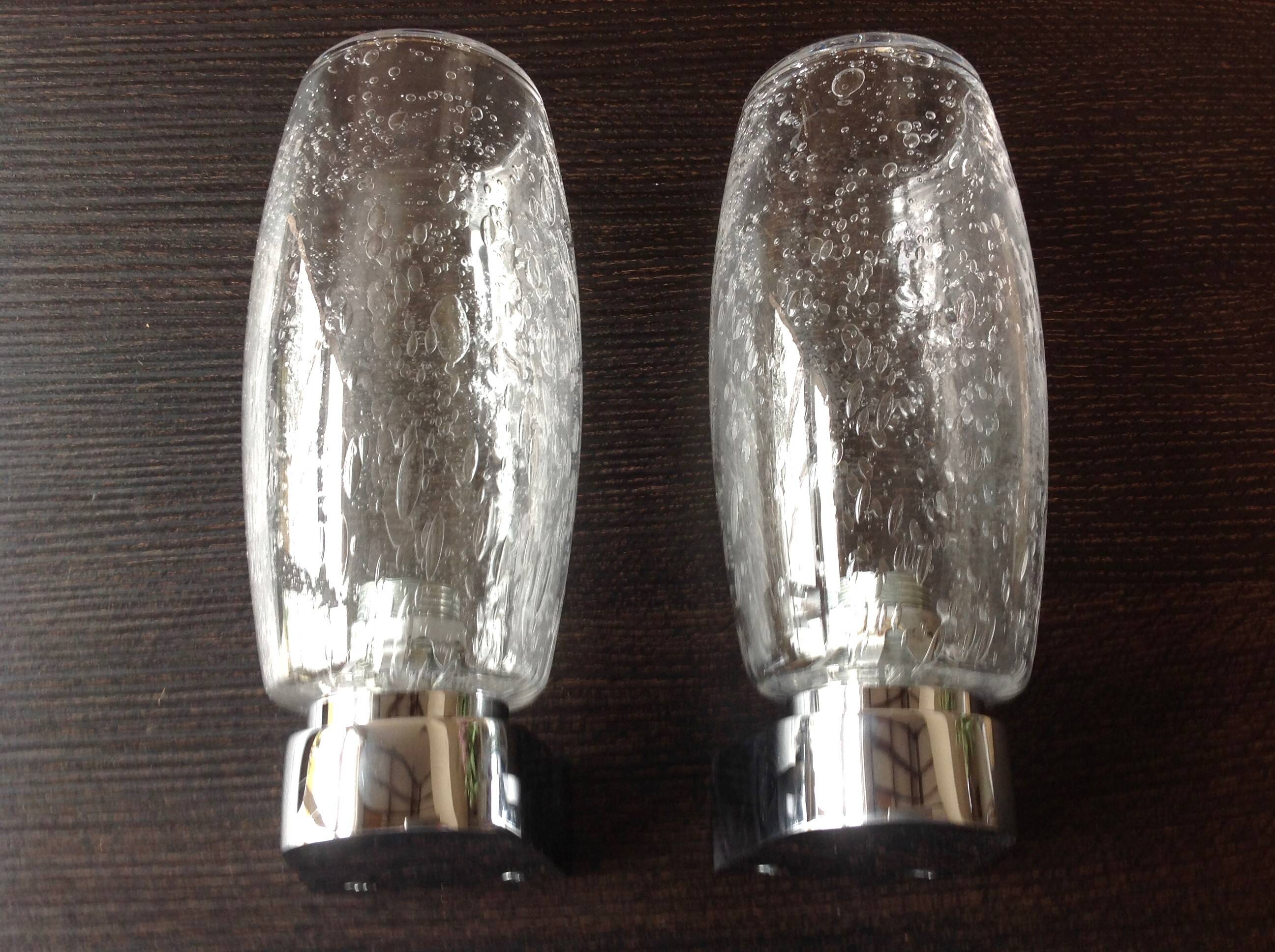 Pair of vintage 1970s-80s glass and chrome wall lights with teardrop shapes