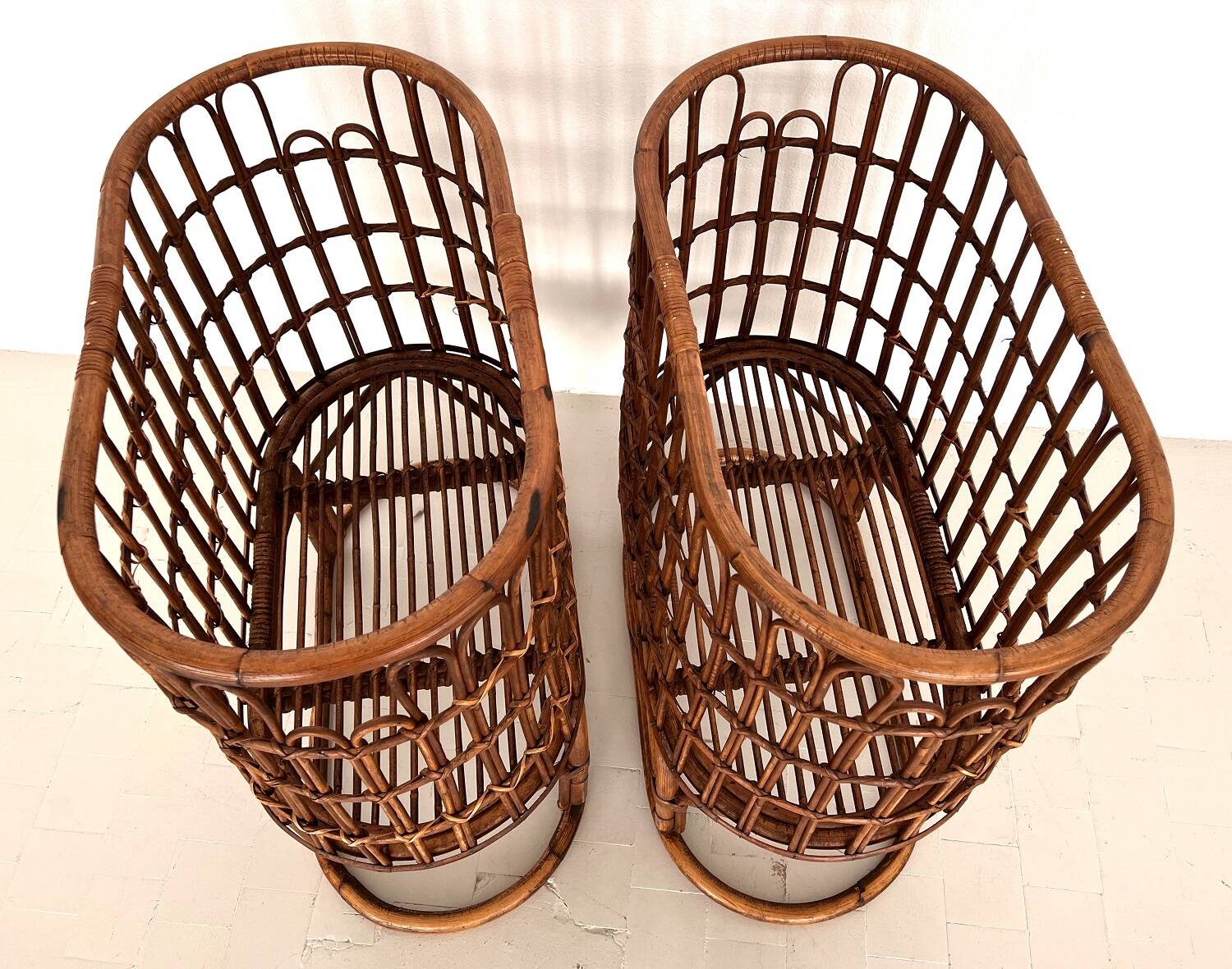 Pair French XXL Bamboo Baskets, 1970s