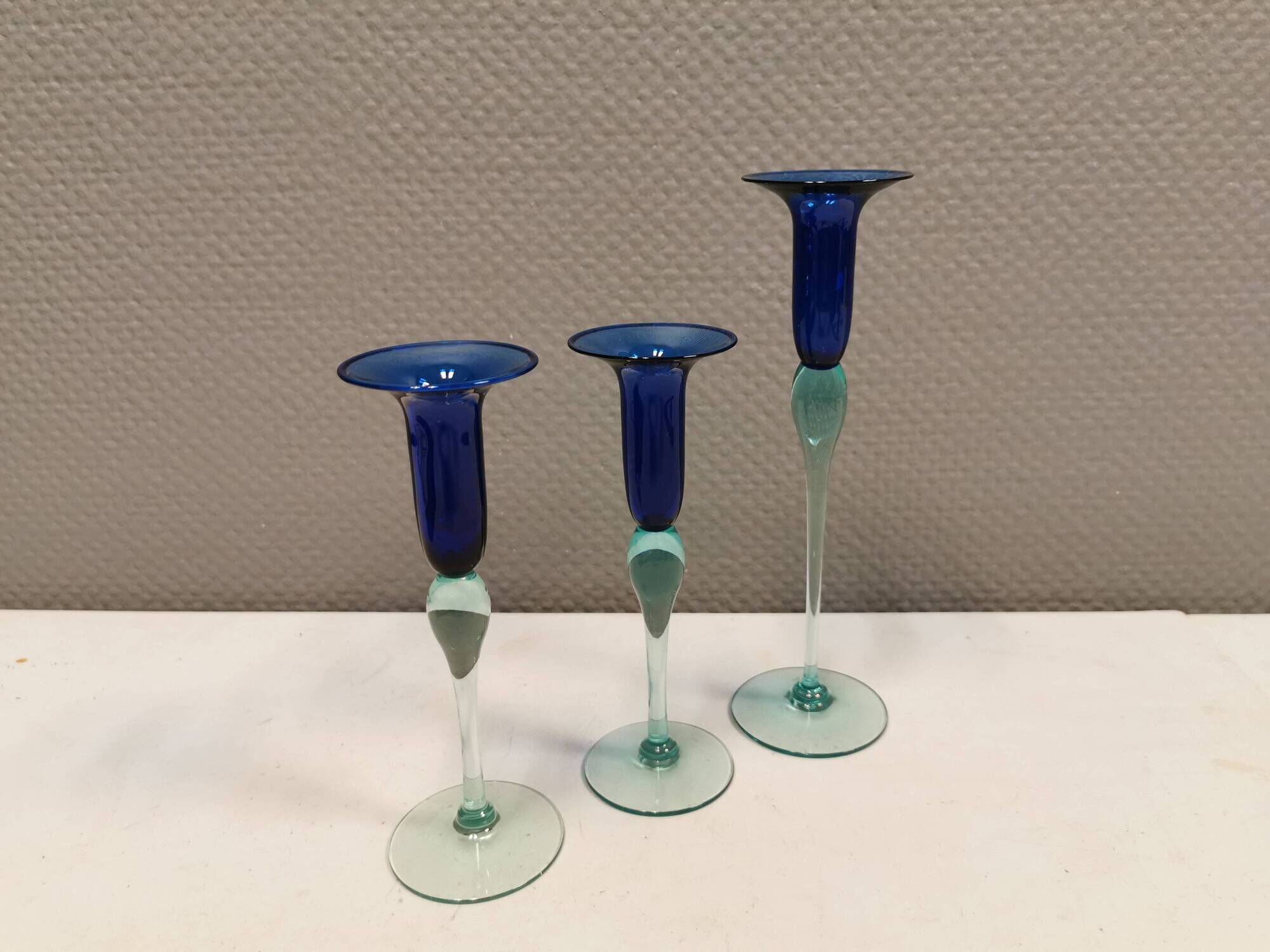 Royal Copenhagen set of 3 candle holders, model Harlequin in blue/turquoise glass.