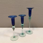 Royal Copenhagen set of 3 candle holders, model Harlequin in blue/turquoise glass.