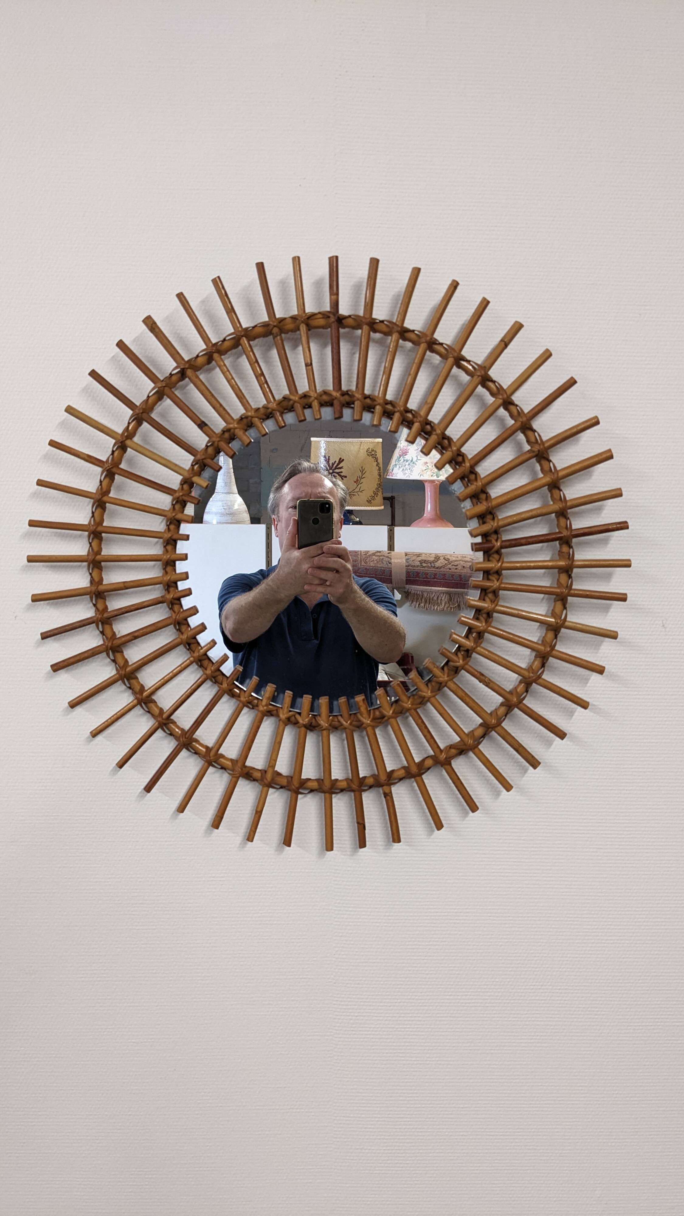 XL sun mirror in rattan, France circa 1960