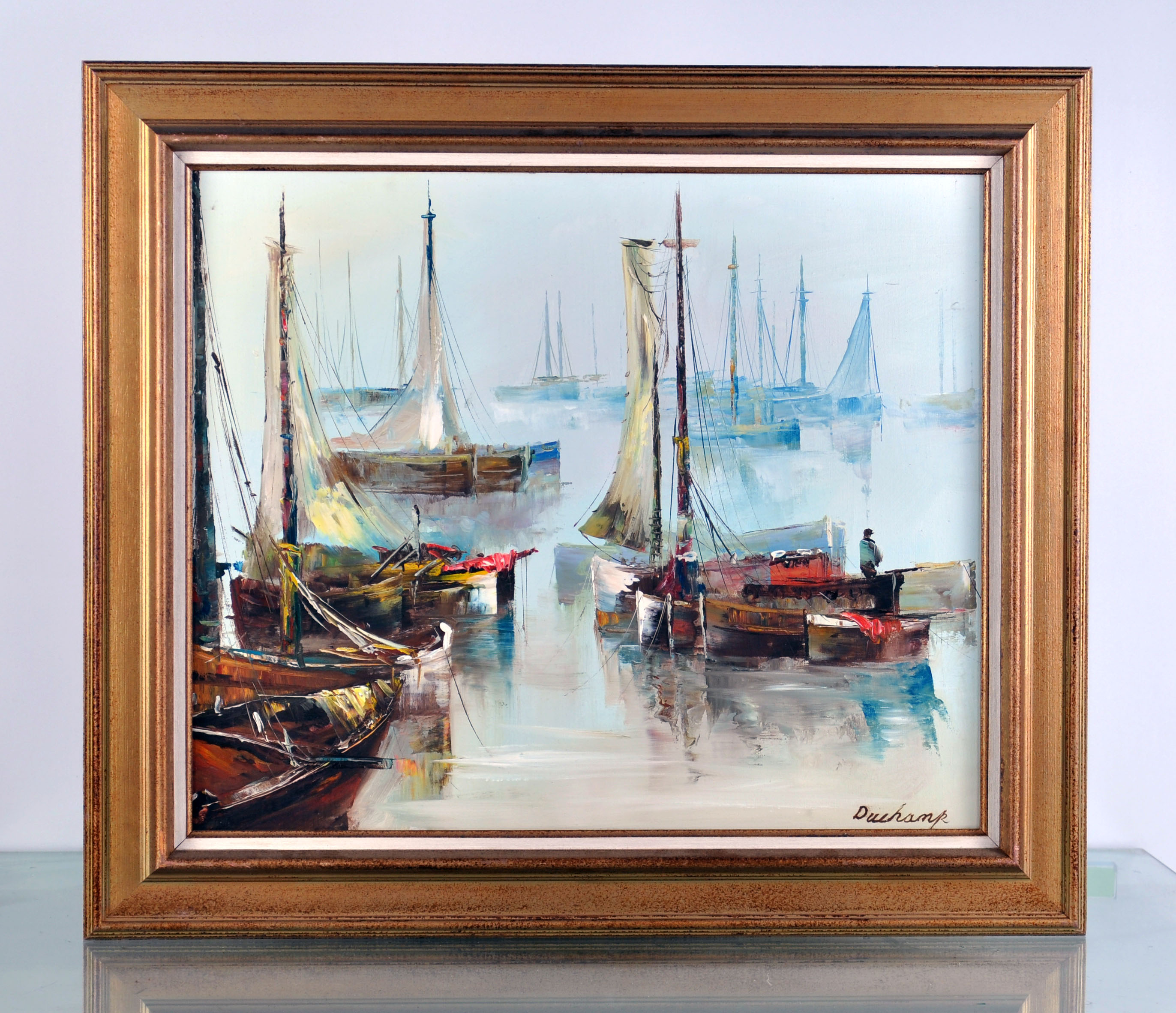 Marine painting, fishing boat in port