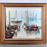 Marine painting, fishing boat in port