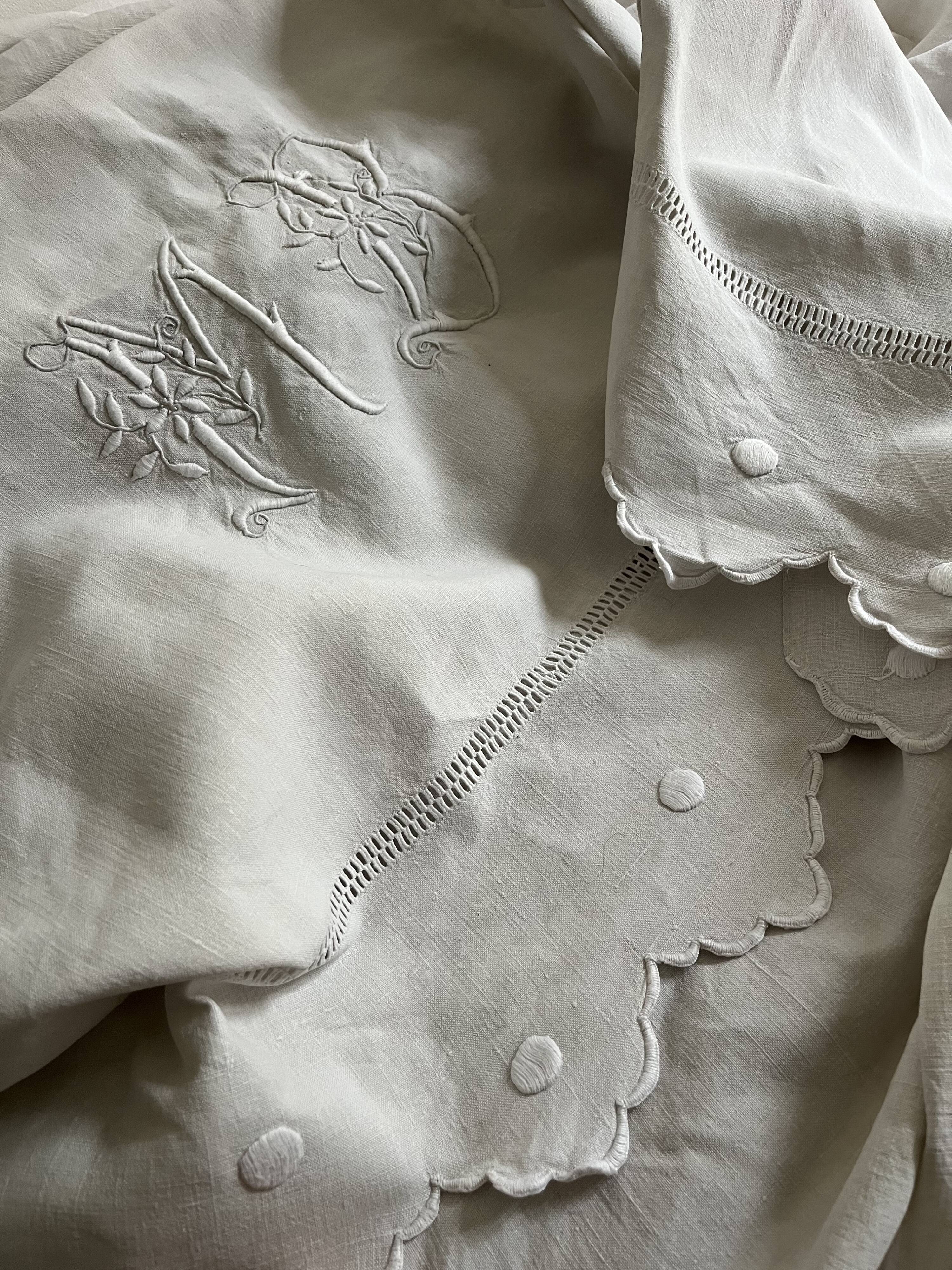 Antique linen, embroidered sheet with monogram (model 2)