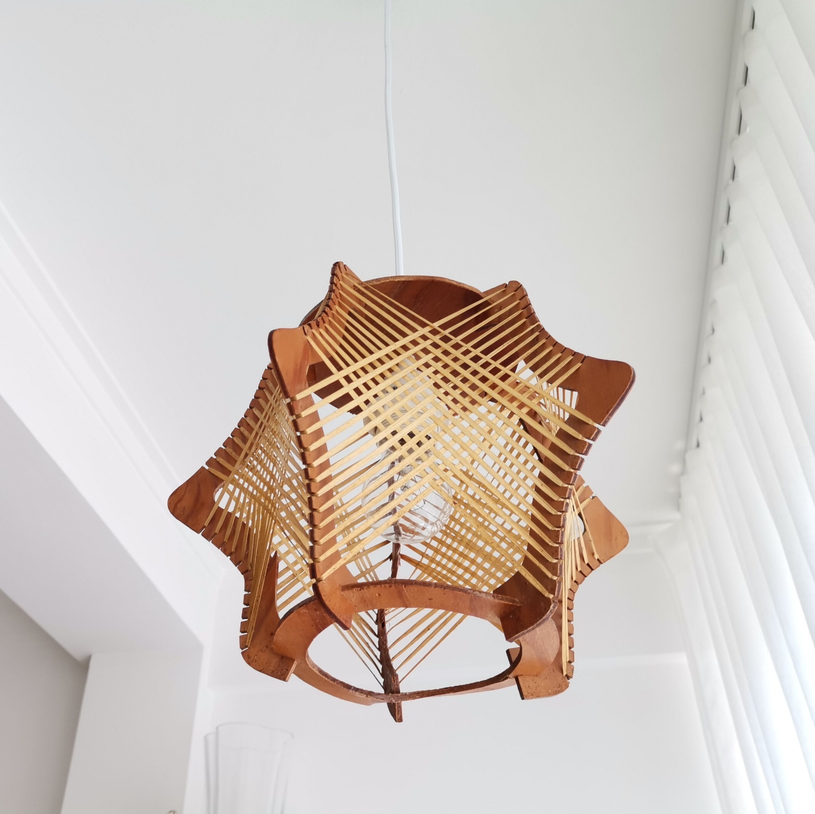Vintage 1960s wood and straw wooden ceiling hanging lamp