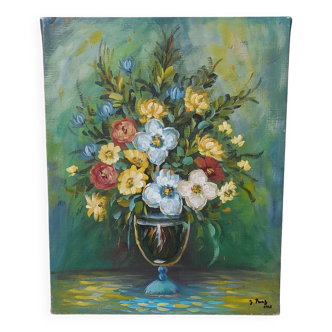 Huile sur toile  signée J. Perez bouquet de fleurs  40 X 50 cm