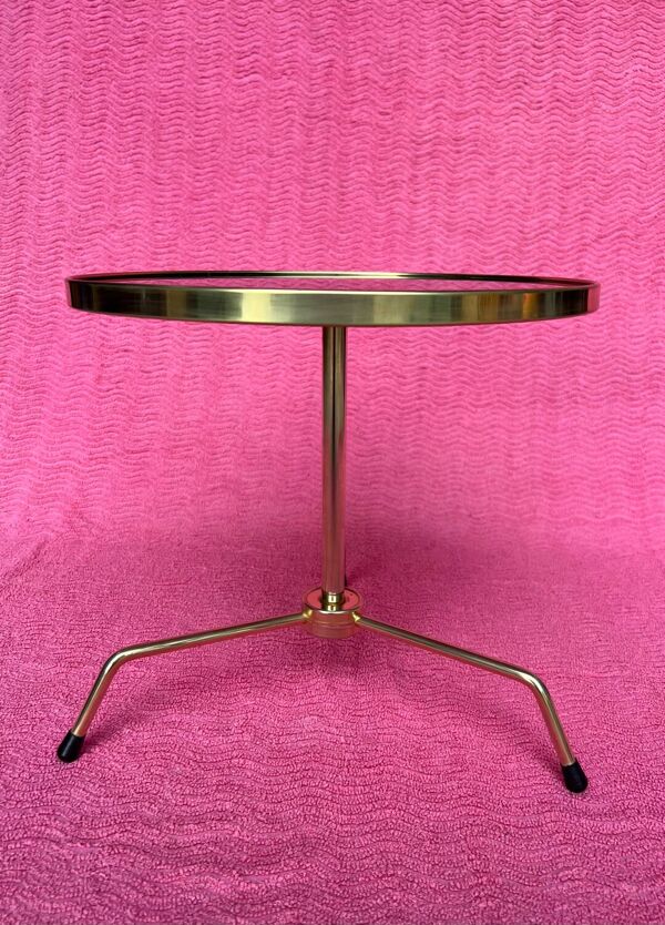 Gueridon/table d’appoint/table a cafe tripode metal dore et plateau ve