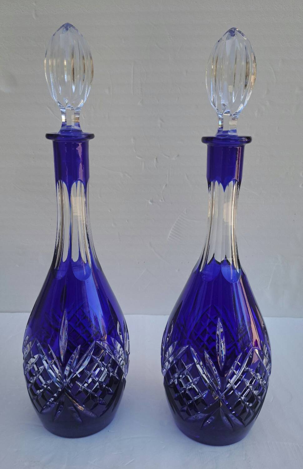 Pair of cobalt blue crystal decanters