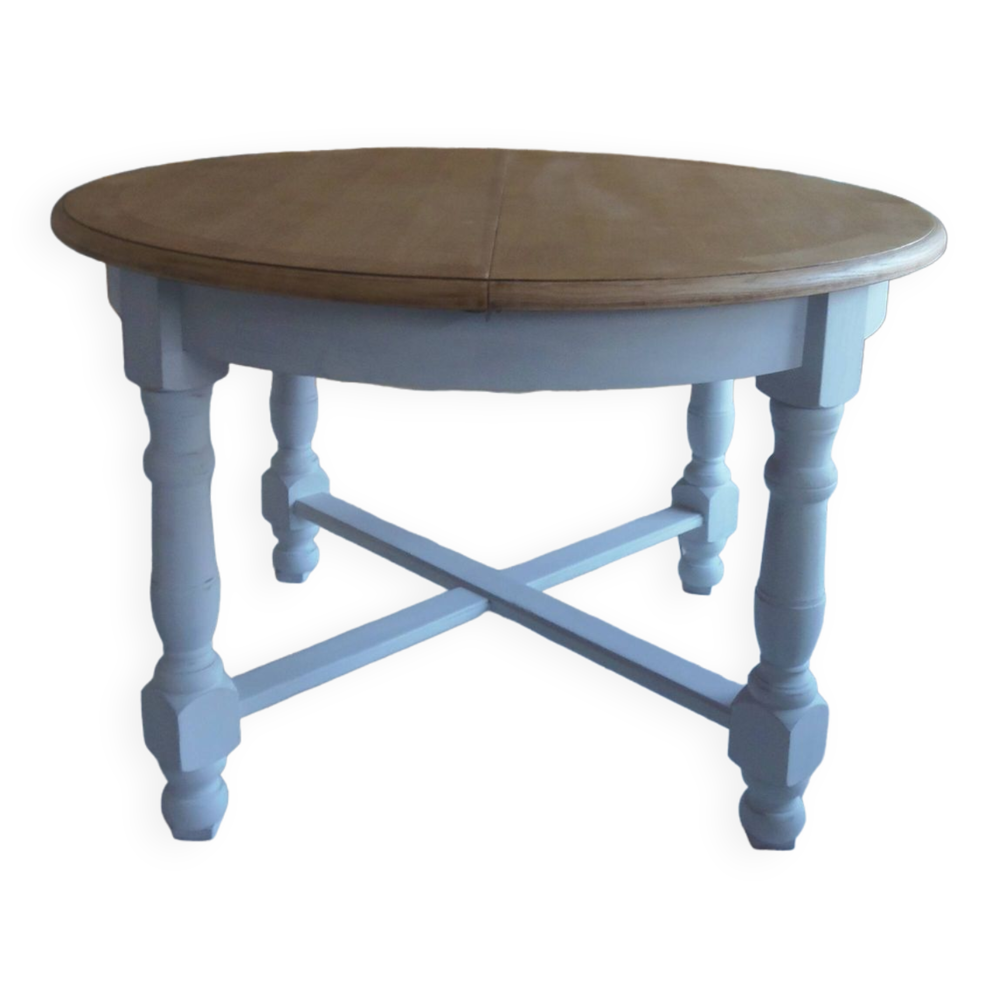 Round table with pearl gray patinated oak base, wooden top.