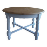 Round table with pearl gray patinated oak base, wooden top.