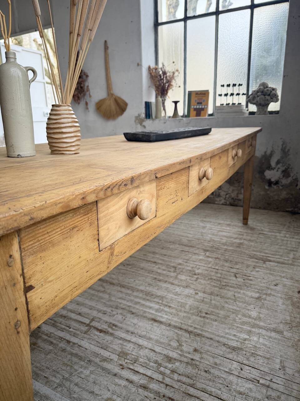 Pine and oak farmhouse table with multiple drawers, communal type, 240cm.