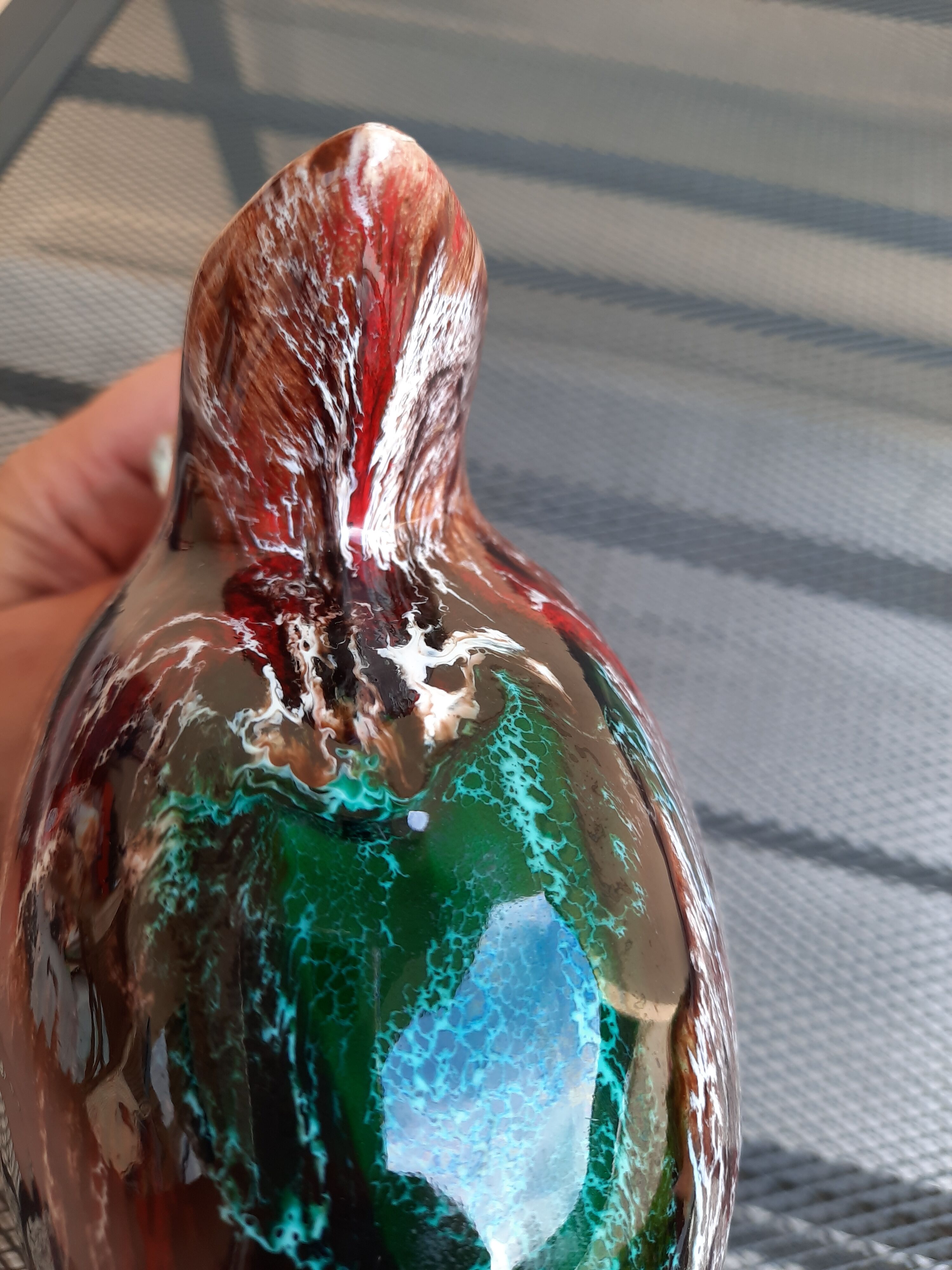 Earthenware pitcher signed vallauris, brown, orange, green, flammé décor, tbe.