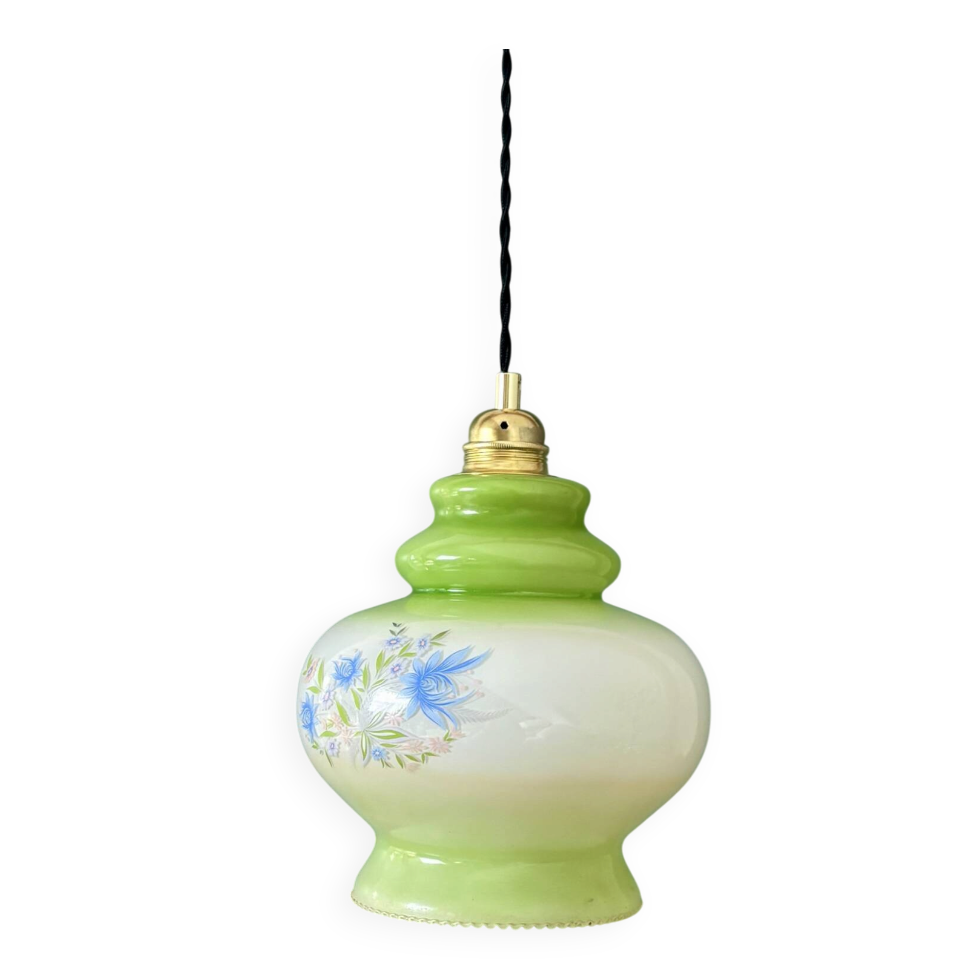 Suspension globe vintage en opaline blanche et verte