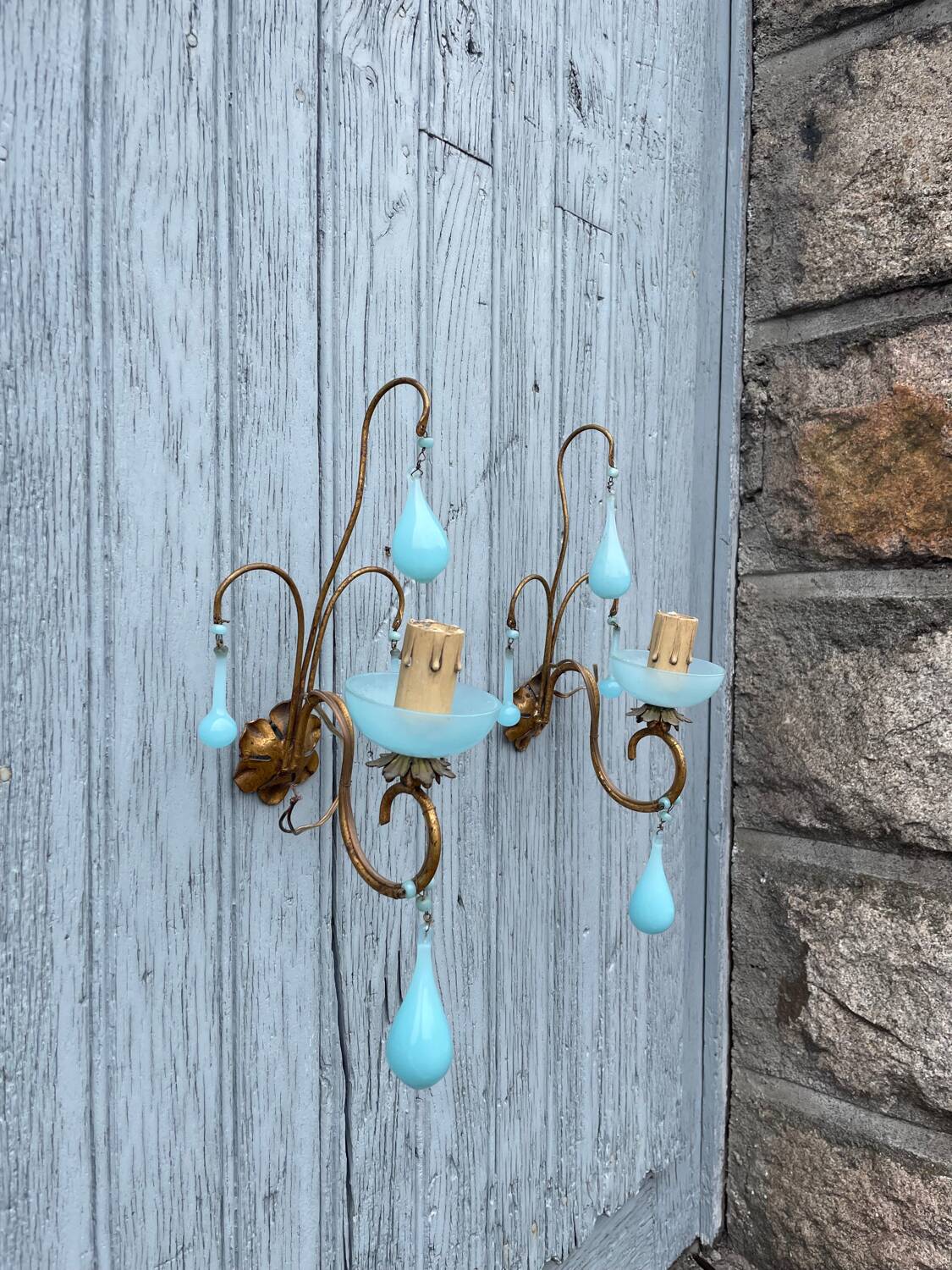 Pair of vintage turquoise blue opaline glass bead sconces