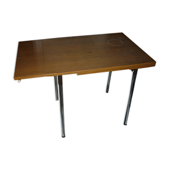 Table en formica marron avec 2 rallonges et tiroir