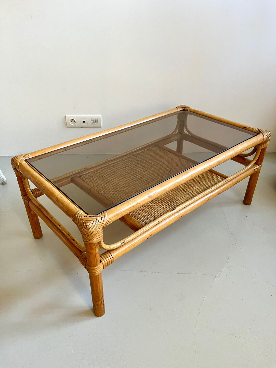 Coffee table 1960s/70s - smoked glass / bamboo / rattan / wicker