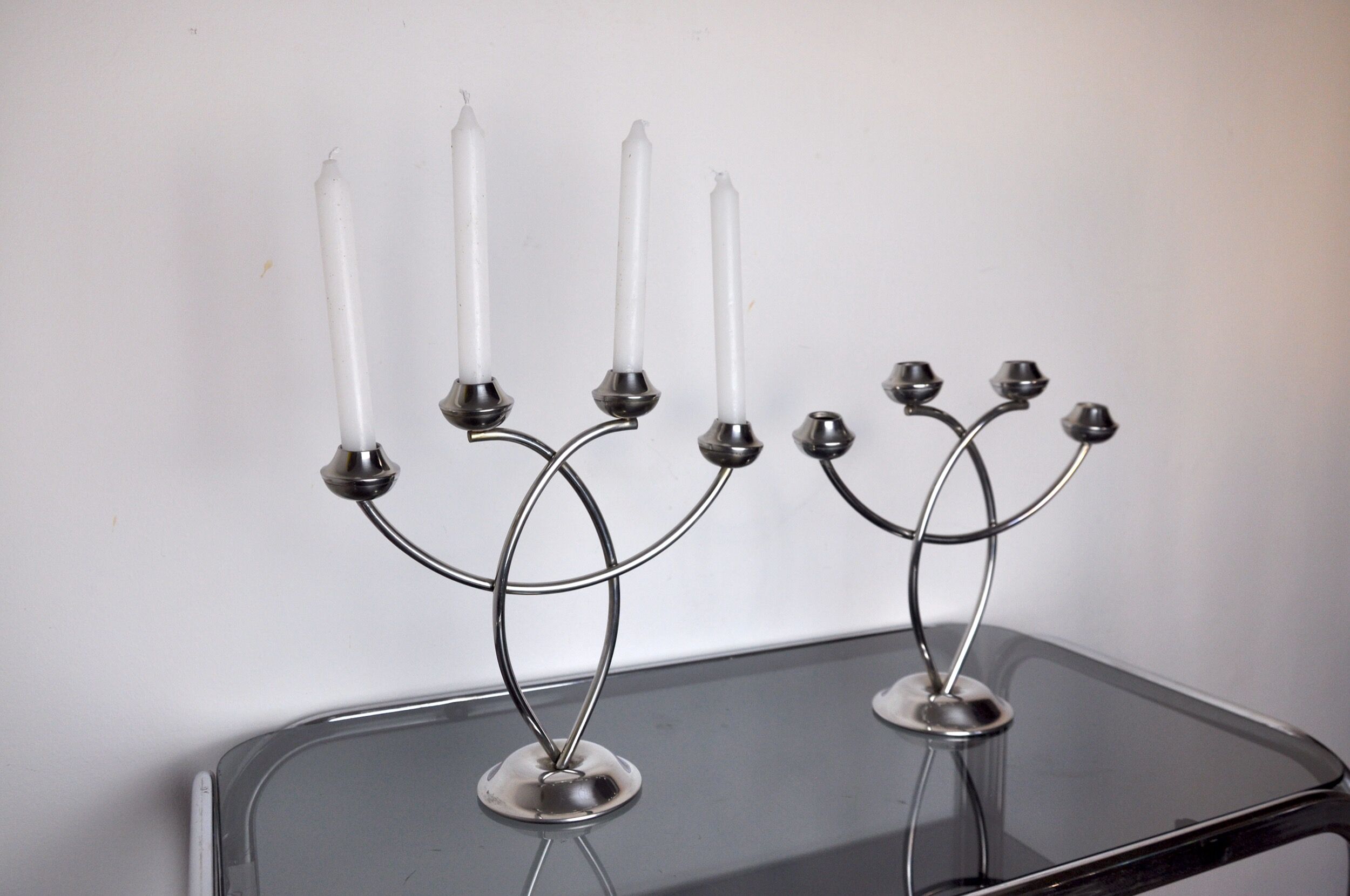 Pair of art deco candle holder in stainless steel 4 flammes, spain, 1970