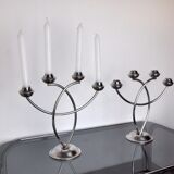 Pair of art deco candle holder in stainless steel 4 flammes, spain, 1970